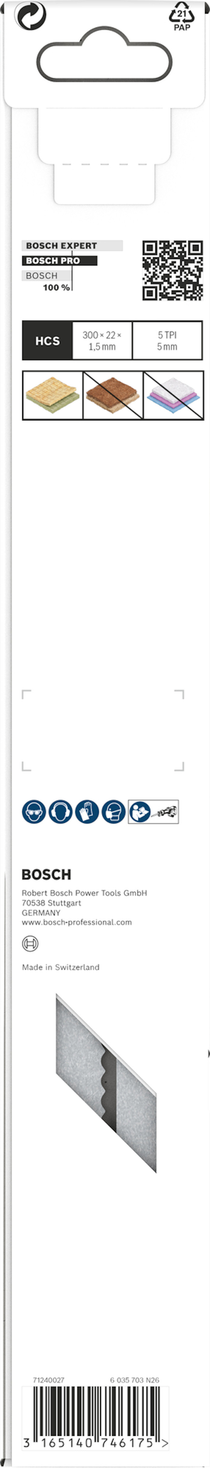 Förpackning med sågblad från Bosch, visar produktinformation, användningsområde och streckkod.