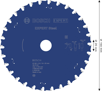 Blått cirkelsågblad med text "BOSCH EXPERT Steel" och specifikationer tryckta i vitt.