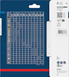 Blått förpackningsdiagram för Bosch, visar kompatibilitet med olika material och borrtyper. EAN och QR-kod till höger.