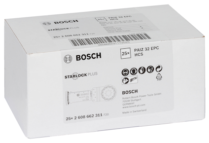 Vit låda med etikett: Bosch PAIZ 32 EPC HCS Starlock Plus, innehåll 25 stycken, tillverkad i Schweiz.