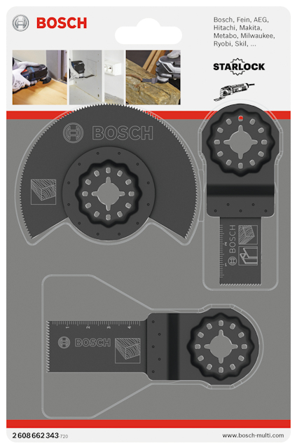 Förpackning med tre Bosch Starlock sågblad för olika skärarbeten. Modellnummer: 2.608.662.343.