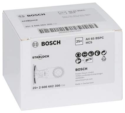 Vit Bosch-förpackning med Starlock-logo, innehållandes 25 HCS-sågblad (AIi 65 BSPC). Text och streckkod synliga.