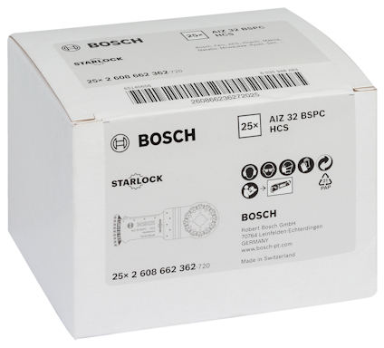 Förpackning med Bosch AIZ 32 BSPC HCS Starlock sågblad, 25 stycken. EAN och kontaktinfo tryckt.