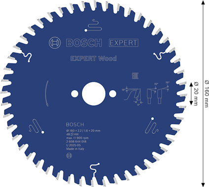 Cirkelsågklinga för trä från Bosch, Expert-serien, diameter 160 mm, 48 tänder, blå färg.