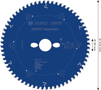 Blå sågklinga med text "BOSCH EXPERT Aluminium", diameter 216 mm, 30 mm håldiameter, 56 tänder.