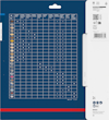 Blått emballage med en tabell som visar kompatibilitet av multiverktygsblad för olika material. Bosch-logotyp synlig.