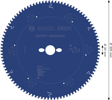 Blå cirkelsågklinga med Bosch-märkning, 96 tänder, diameter 305 mm, för aluminium.