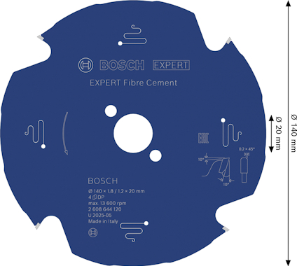 Blå sågklinga för fiberarmerad cement, Bosch Expert, 140x20 mm, 4 tänder, max 13,600 rpm, U 2855 545, tillverkad i Italien.