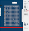 Baksida av Bosch-blisterförpackning med diagram för lagerslipmaterial och QR-kod.