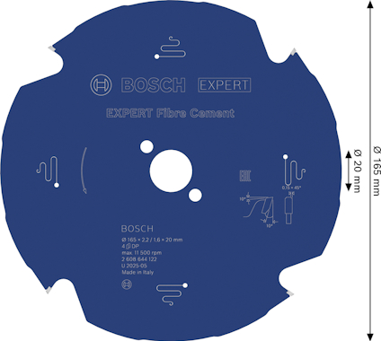 Blå klinga från Bosch med text "EXPERT Fibre Cement", 165 mm diameter, 20 mm hål, för 10 000 rpm. Made in Italy.