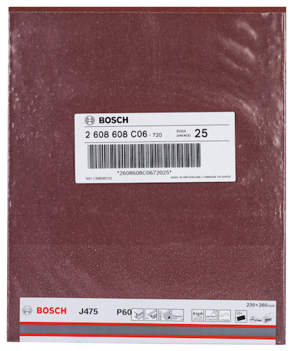 Slippapper från Bosch, modell J475, kornstorlek P60, förpackning med 25 ark, storlek 230x280 mm.