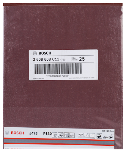 Sandslippapper av märket Bosch, modell J475 P180, 25-pack i storlek 230x280 mm, etikett med streckkod och produktnummer.