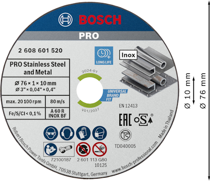 Bosch PRO-skiva för rostfritt stål och metall, Ø76 x 1 x 10 mm, max 20 100 rpm, tillverkad i Thailand.