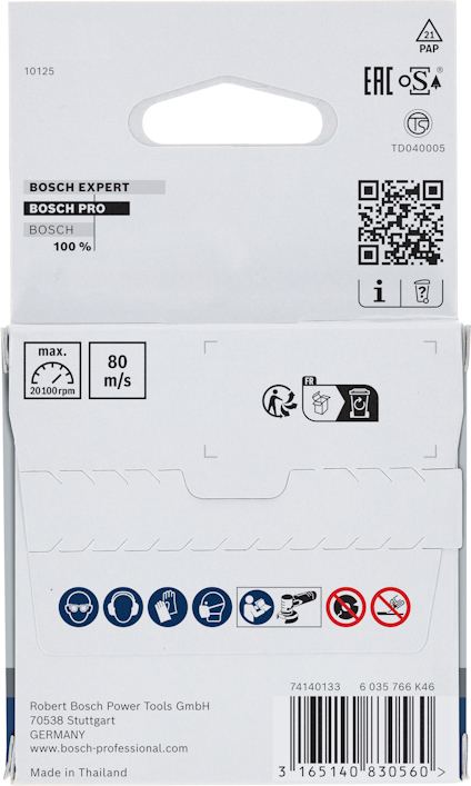 Förpackning baksida för Bosch Expert, med QR-kod, säkerhetsikoner och tillverkarinformation.