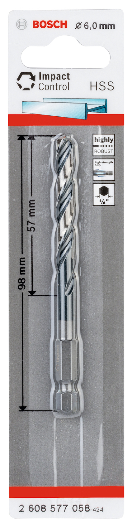 Förpackning med Bosch 6,0 mm HSS-borr; längd 98 mm, synlig logotyp och produktnamn.