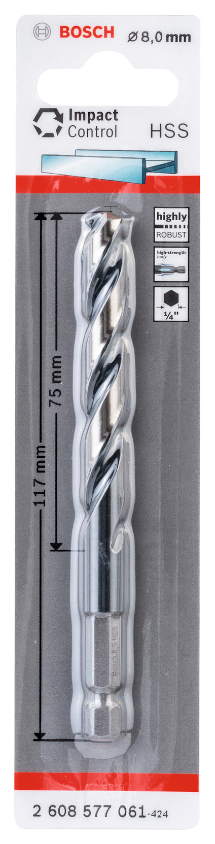 Förpackning med Bosch metallborr, 8 mm tjock, 117 mm lång, HSS-material, med märkningen "Impact Control".