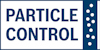Particle Control-text med blått rutmönster och prickar på vit bakgrund.