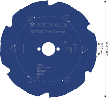 Blått sågblad med vit text och Bosch-logotyp. Dimensioner 216 mm och 30 mm visas med pilar.