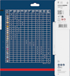 Blå förpackning med tabell och ikoner, logotyp "Bosch". Streckkod och QR-kod synliga till höger.