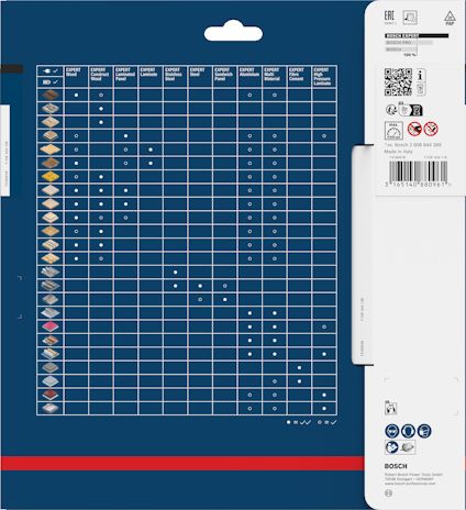 Blå förpackning med tabell och ikoner, logotyp "Bosch". Streckkod och QR-kod synliga till höger.