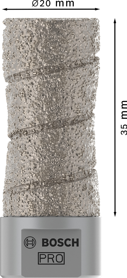 Cylindrisk, kornig borrhuvud med texten "Bosch Pro". Mått: Ø20 mm, 35 mm.