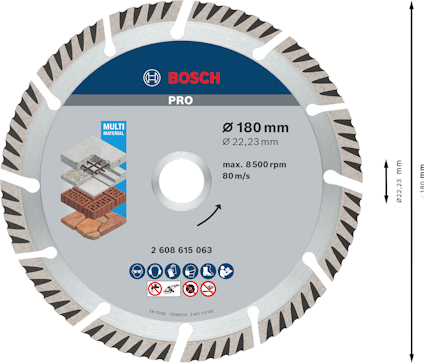 Diamantskiva från Bosch, 180 mm i diameter, 8500 varv/min, för multi-material inklusive tegel och betong.