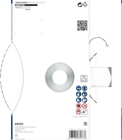 Förpackning med Bosch sågklinga, med symboler för säkerhetsanvisningar och streckkod. Made in China.
