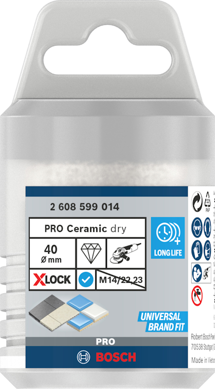 Förpackning för Bosch PRO Ceramic dry slippapper, diameter 40 mm, med XLOCK och Universal Brand Fit logotyper, för långt livslängd.