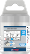 Förpackning med Bosch PRO Ceramic dry 25 mm skärverktyg, lång livslängd, XLOCK-system, universalpassform.