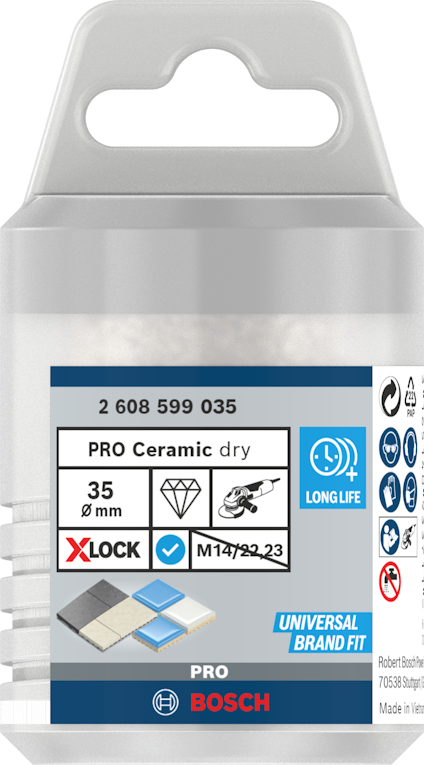 Förpackning med Bosch PRO Ceramic dry skärverktyg, 35 mm, X-LOCK, och text om lång livslängd.
