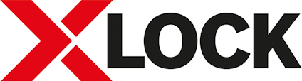 Röd och svart "X LOCK" logotyp på vit bakgrund.