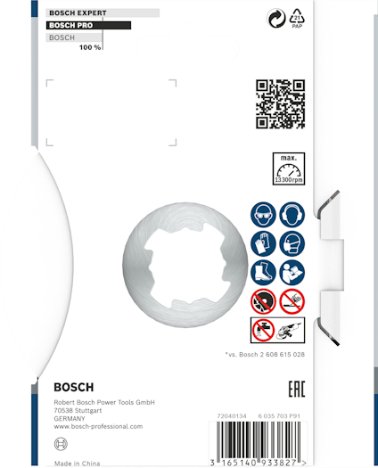 Förpackning för Bosch Expert sågblad med piktogram och QR-kod. Streckkod och tillverkare info längst ner.