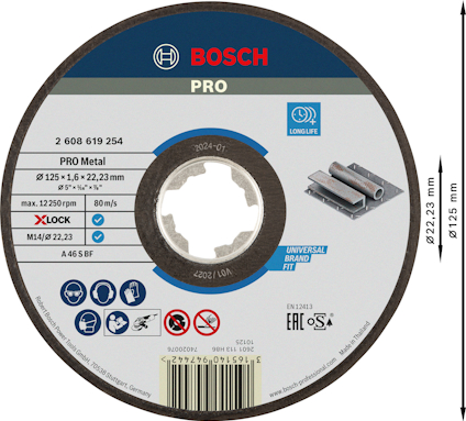 Rund kapskiva från Bosch med etiketttext om specifikationer, inklusive "PRO Metal", "125 x 1,6 x 22,23 mm" och "max. 12,250 rpm".