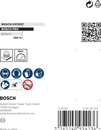Förpackningsetikett för Bosch Expert. Inkluderar QR-kod, skyddsutrustningsikoner och adress: Bosch Power Tools GmbH, Tyskland.