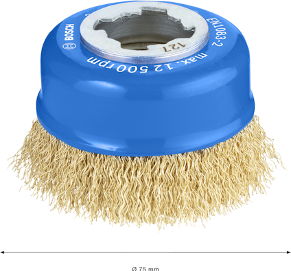 Rund mässingsborste med blått plasthölje, text "Bosch" och maxhastighet 12,500 rpm. Diameter 75 mm.