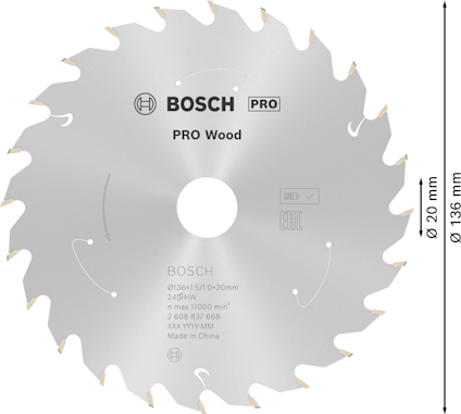 Cirkelsågklinga med text "BOSCH PRO Wood". Diameter 160 mm, Tjocklek 1,5 mm, Hål 20 mm. Made in China.