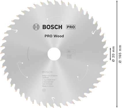Cirkelsågklinga med text: "Bosch PRO Wood", diameter 200 mm, 40 tänder, håldiameter 20 mm, max. 9500 varv/minut.