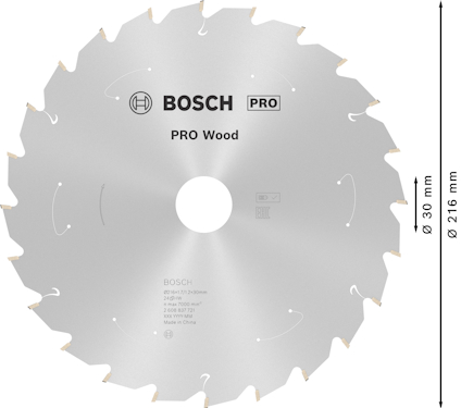 Rund sågklinga från Bosch med text "PRO Wood", diameter 216 mm.