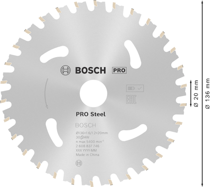 Rund sågklinga med segmenterade tänder, märkt "BOSCH PRO Steel", diameter 136 mm, centerhål 20 mm.