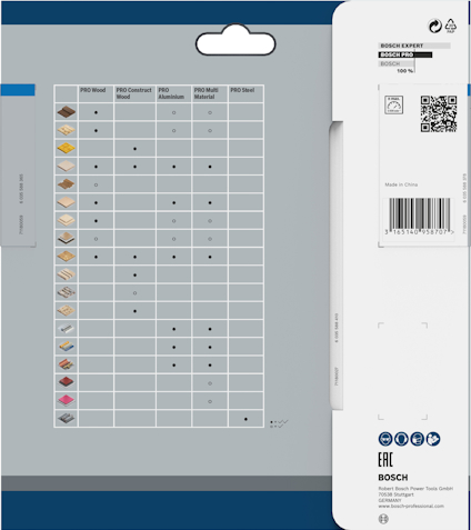 Förpackning med sågblad; tabell visar materialkompatibilitet med olika sågtyper. Bosch-logotyp och QR-kod synliga.