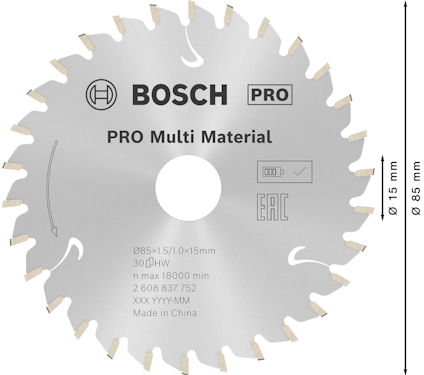 Cirkelsågklinga med Bosch-logotyp, text "PRO Multi Material", diameter 85 mm, tänder runt kanten, tillverkad i Kina.