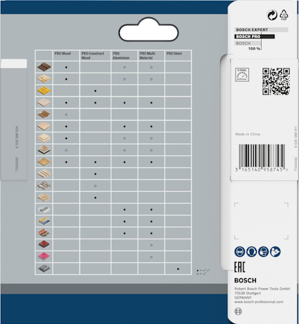 Förpackning av Bosch Expert borr, visas en materialguide och produktinformation.