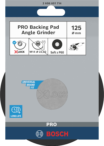 Förpackning för PRO Backing Pad, Angle Grinder, 125 mm, från Bosch. Text och ikoner visas.