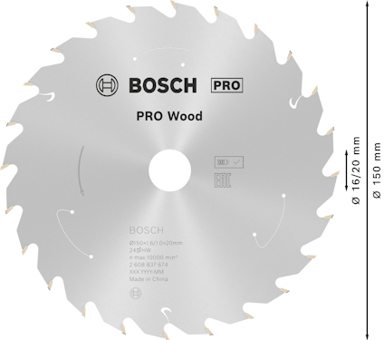 Cirkelsågklinga för trä med Bosch-logotyp, 150 mm diameter, 16/20 mm hål, max 6000 rpm, tillverkad i Kina.