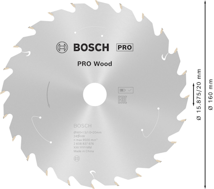 Cirkelsågblad för trä, Bosch PRO Wood, diameter 160 mm, 20 tänder.