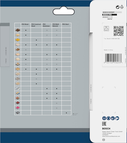 Förpackning med Bosch borrbits, storlek 150 mm, tabell över borrmöjligheter för olika material. QR-kod och streckkod synliga.
