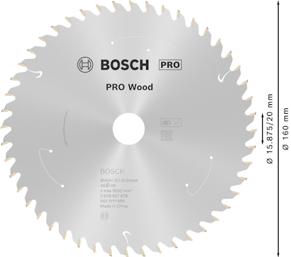 Cirkelsågklinga med texten "Bosch PRO Wood". Diameter 160 mm. 2160 15/1 D-20mm, 48-t, max 9500 min⁻¹. Made in China.