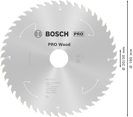 Cirkelsågblad med text "Bosch Pro Wood", diameter 190 mm, 48 tänder, för träbearbetning.