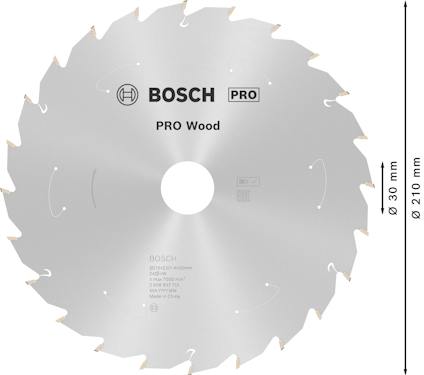Cirkelsågblad från Bosch för trä, diameter 210 mm, håldiameter 30 mm, 24 tänder, text: "PRO Wood", "Made in China".