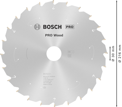 Cirkelsågklinga märkt "BOSCH PRO Wood" med 30 mm håldiameter och 216 mm klingdiameter.